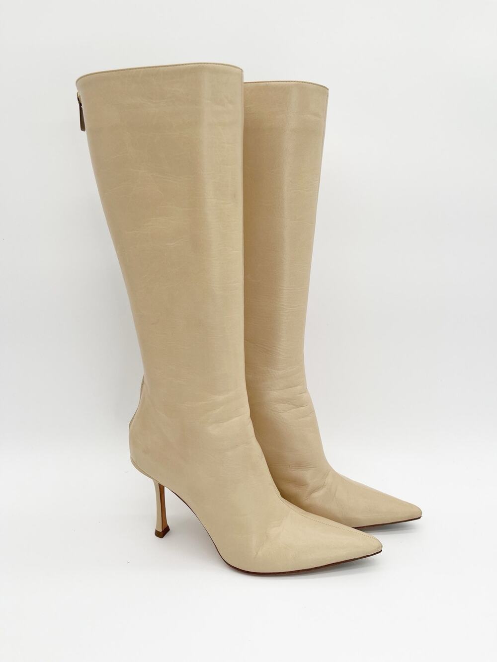 Jimmy Choo Vintage Y2K Beige Leather Pointed Toe Knee High Heeled Boots IT 38.5